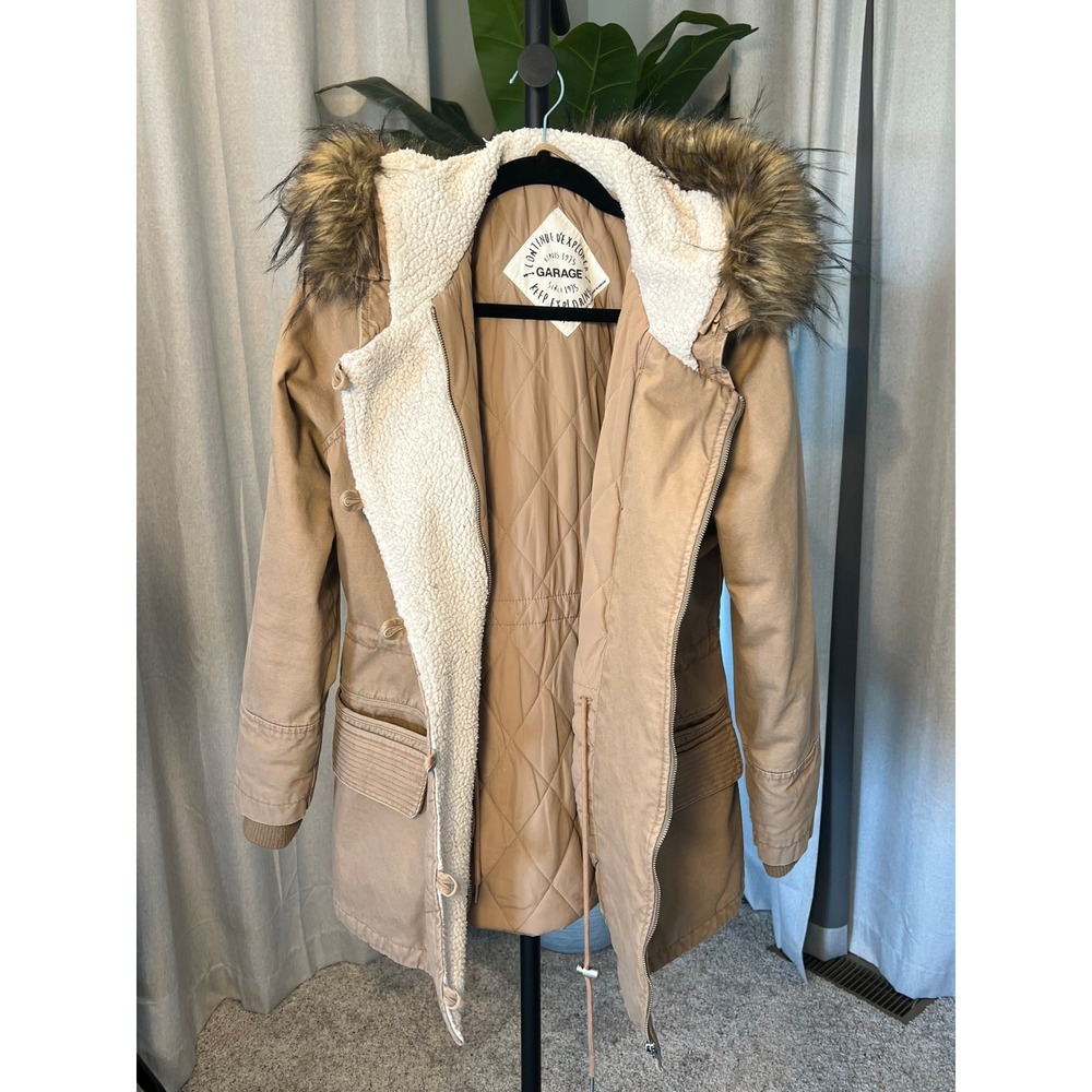 Garage Women Large Tan Parka Jacket Sherpa Hood Faux Fur Trim Utility Coat